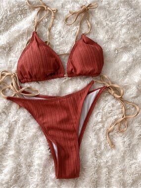 Rust Ribbed Tie Bikini Set with Tan Straps